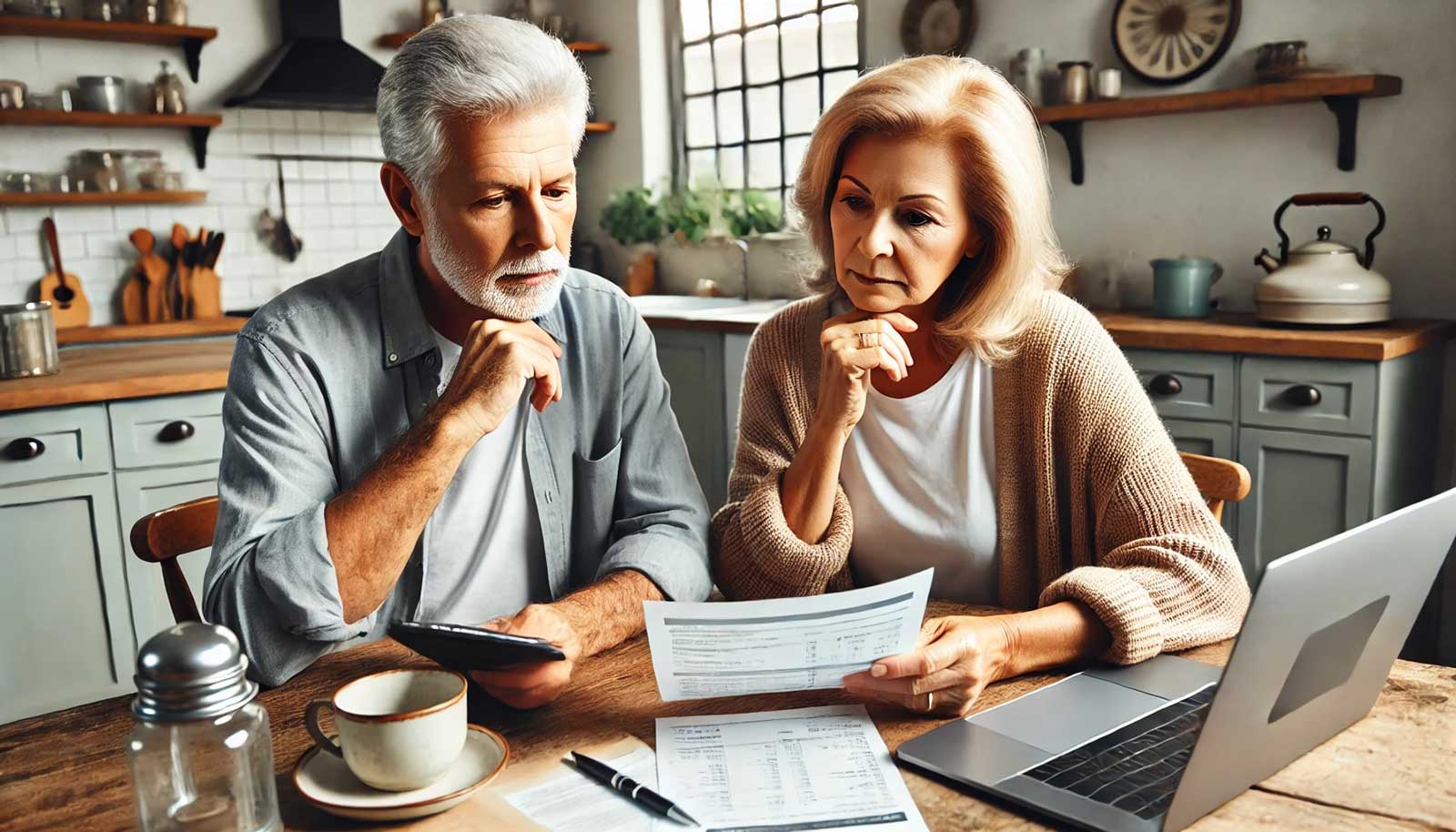 an image of an older couple reviewing medical bills at the kitchen table