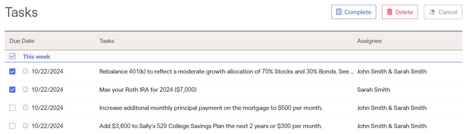 A task list with checkboxes, due dates, task descriptions, and assignees. Two tasks are due on 10/22/2024: rebalance 401(k) and max Roth IRA, both assigned to John and Sarah Smith. Other tasks include financial goals with various due dates.